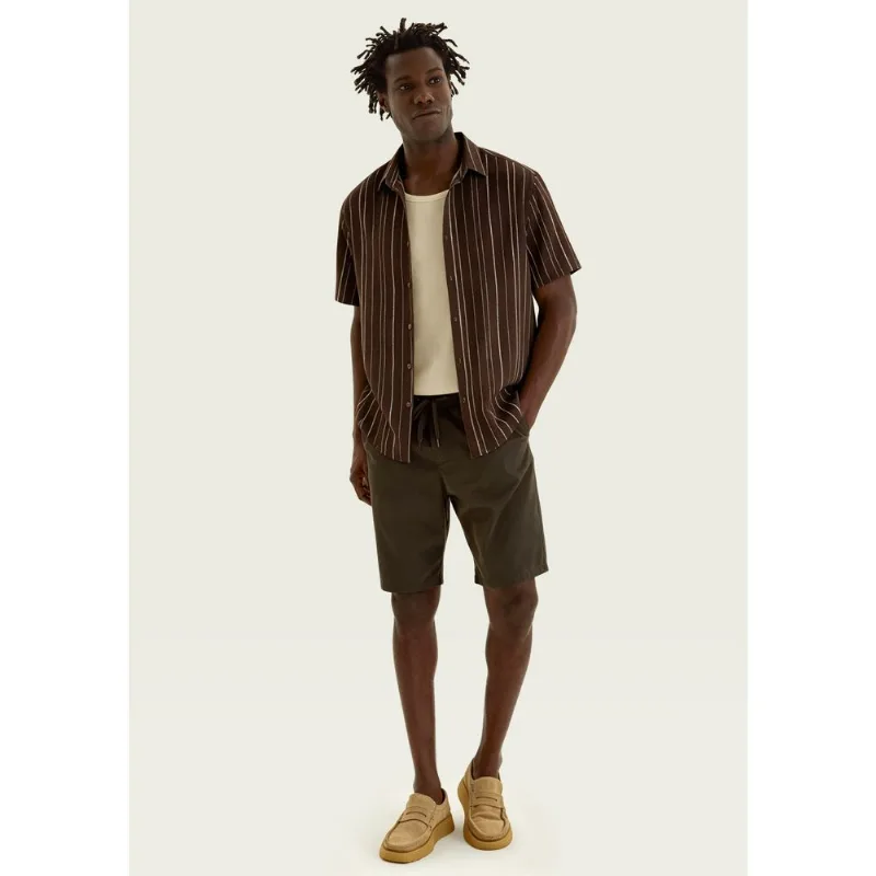 Camisa Masculina Manga Curta Fio Tinto Listrada Em Linho - Marrom P
