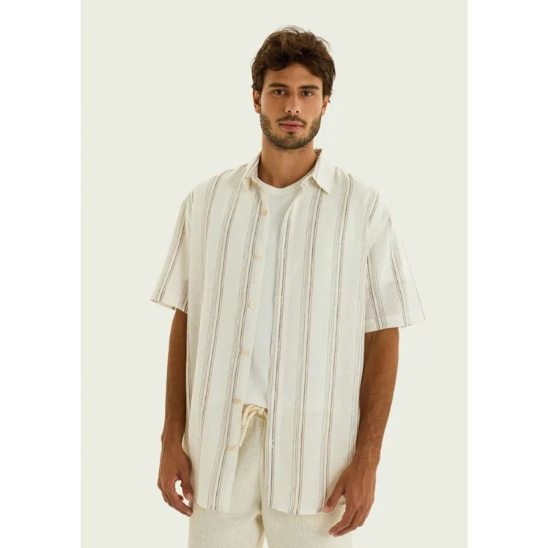 Camisa Masculina Manga Curta Fio Tinto Listrada Em Linho - Bege P