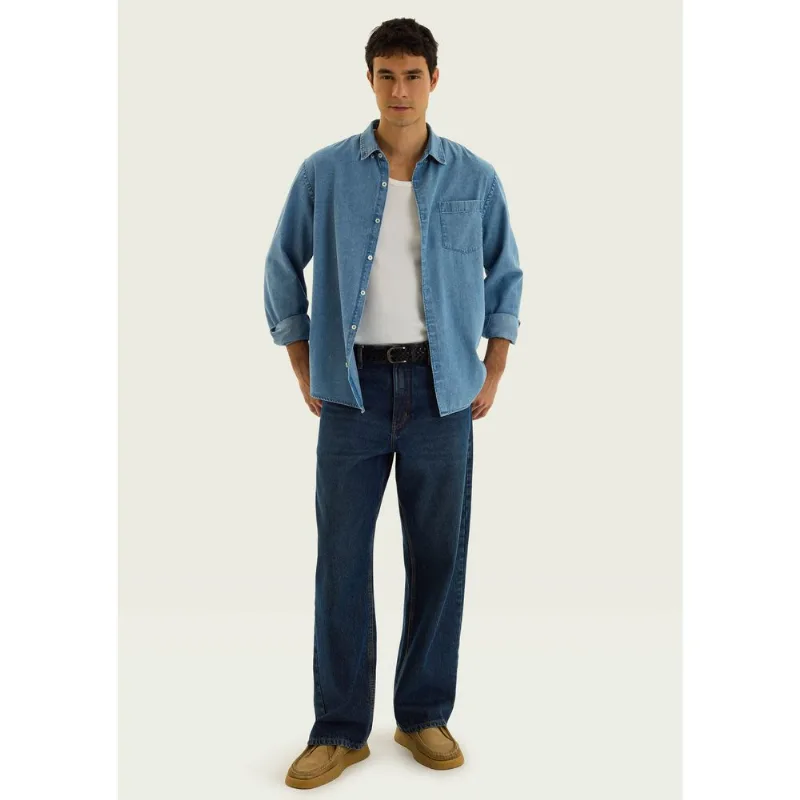 Camisa Jeans Masculina Manga Longa - Azul XG