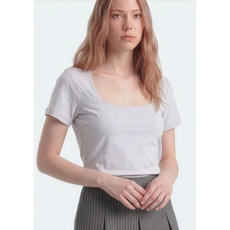 Blusa Teen Manga Curta Decote Quadrado - Cinza P