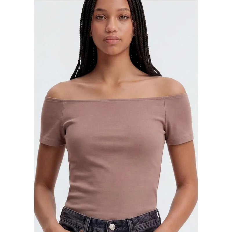 Blusa Teen Manga Curta Ombro A Ombro - Marrom 2XP