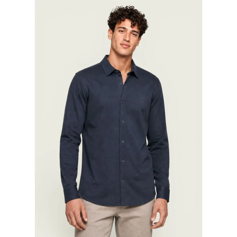 Camisa Masculina Manga Longa Em Piquet - Azul G