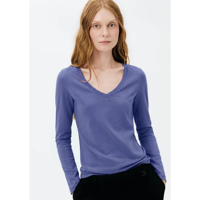 Blusa Básica Feminina Manga Longa Slim Decote V - Azul EXG