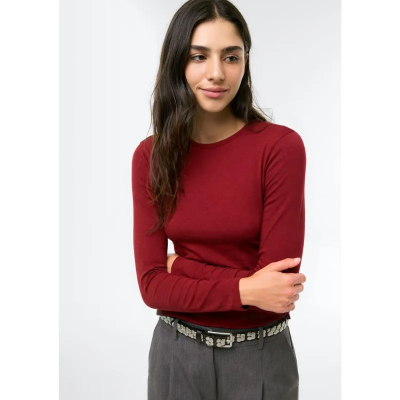 Blusa Básica Feminina Manga Longa Slim - Vinho G