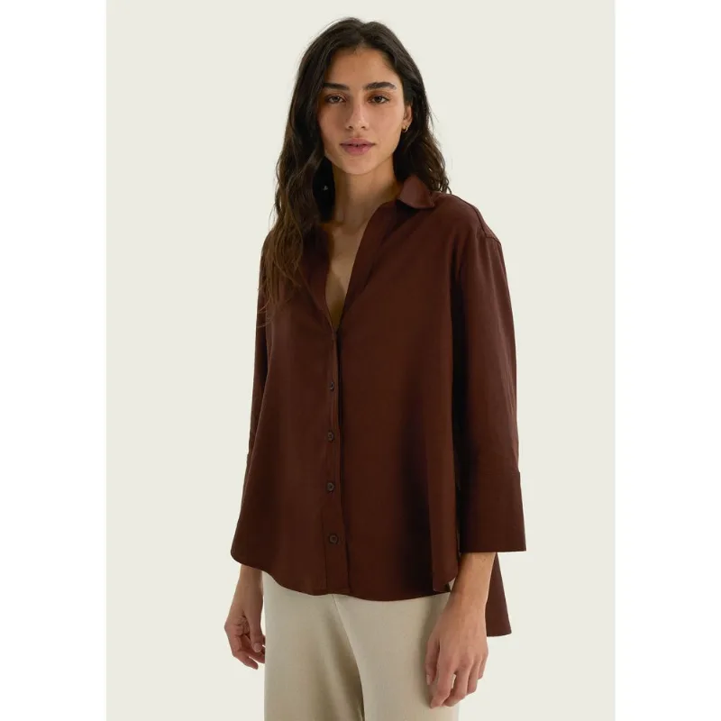 Camisa Feminina Manga 7/8 Com Linho - Marrom P