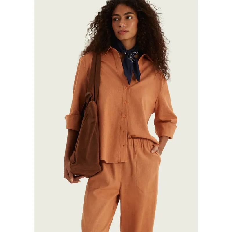 Camisa Feminina Manga 7/8 Com Linho - Laranja M