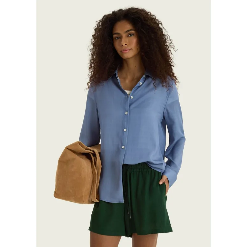 Camisa Feminina Manga Longa Em Liocel - Azul P