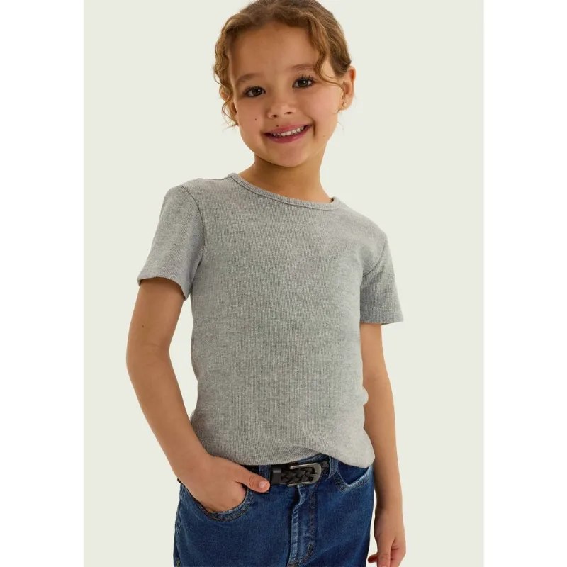 Blusa Manga Curta Infantil Menina Em Ribana - Cinza 010