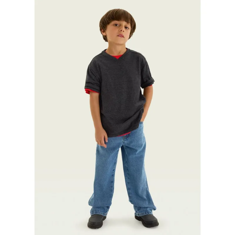 Camiseta Infantil Menino Manga Curta Gola V - Cinza 008