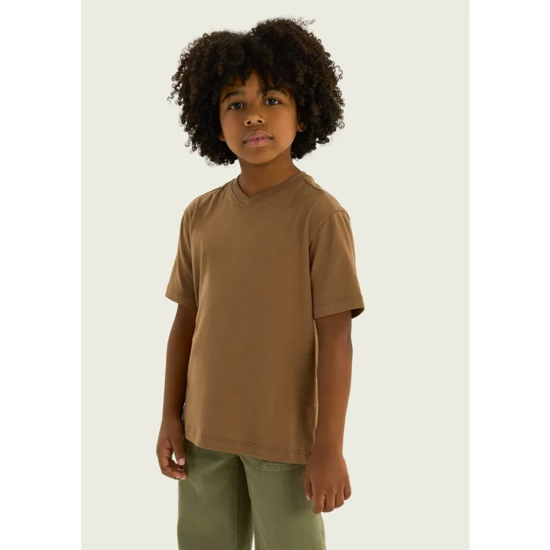 Camiseta Infantil Menino Manga Curta Gola V - Marrom 010