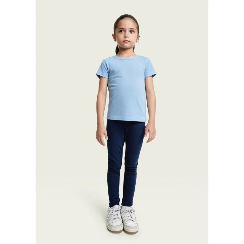 Blusa Básica Infantil Menina Manga Curta Slim Com Bordado Coração - Azul 006