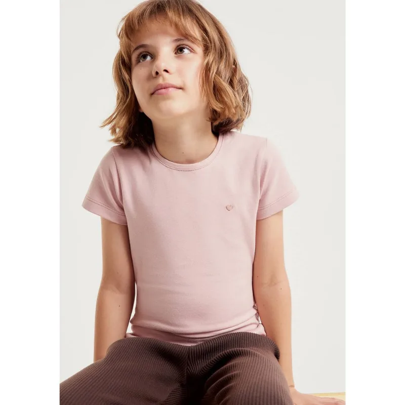 Blusa Básica Infantil Menina Manga Curta Slim Com Bordado Coração - Rosa 001