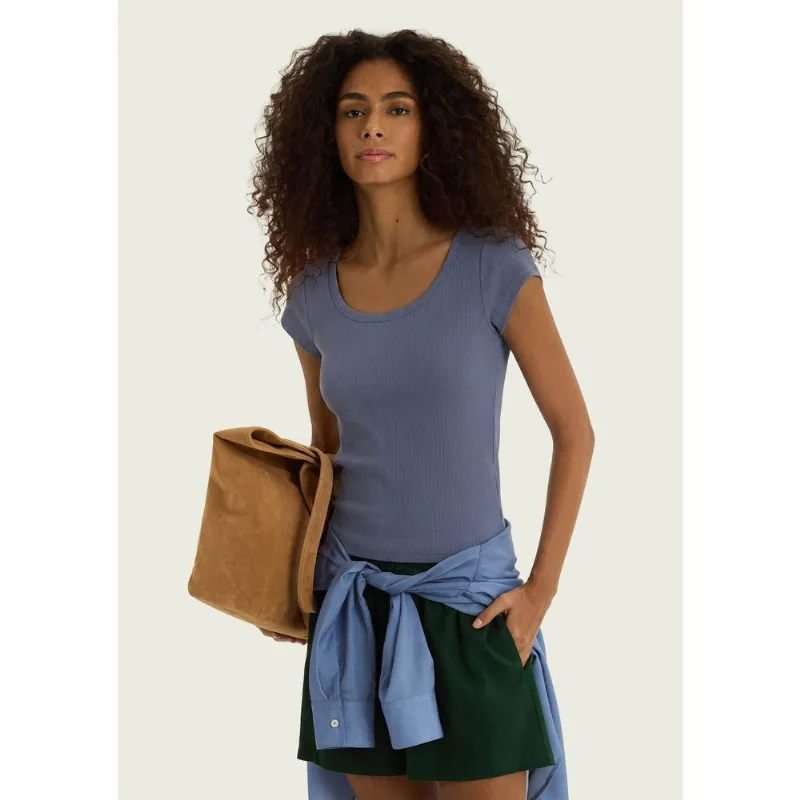Camiseta Feminina Slim Decote U Em Ribana - Azul P