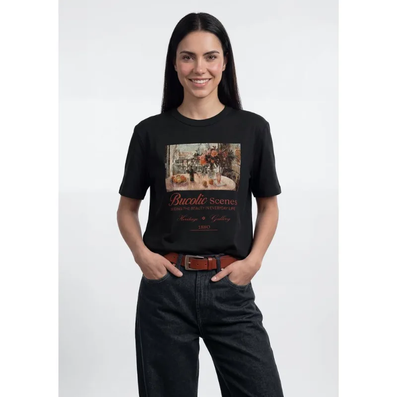 Blusa Feminina Manga Curta Estampada - Preto XG
