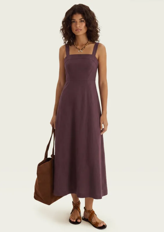 Vestido Midi Evasê Alças Médias Rústico Com Linho - Vinho - Hering Adulto - Vestidos