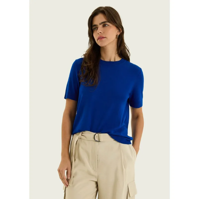 Blusa Feminina Manga Curta Em Tricô Leve - Azul P
