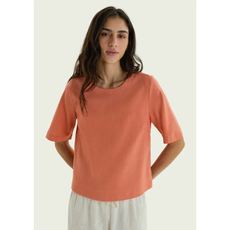 Blusa Feminina Manga Média Com Linho - Laranja P