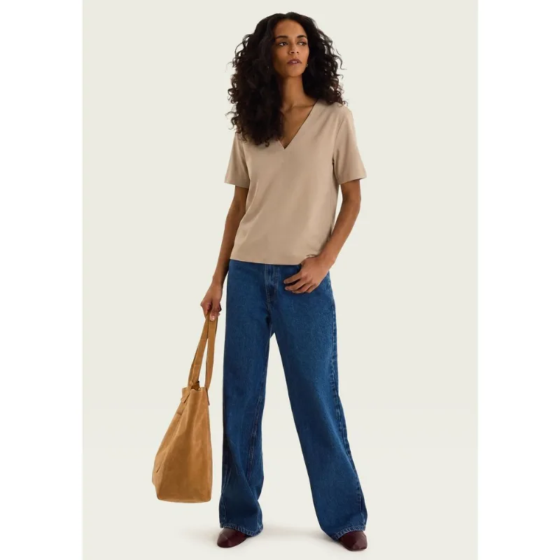 Blusa Feminina Manga Curta Decote V - Bege G