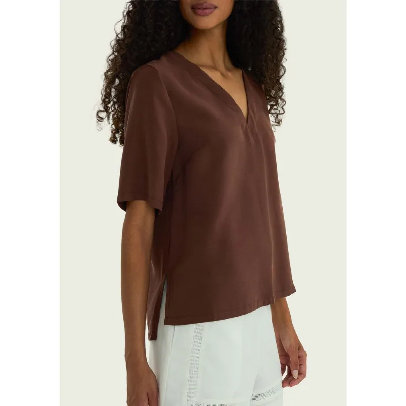 Blusa Feminina Manga Curta Decote V - Marrom G