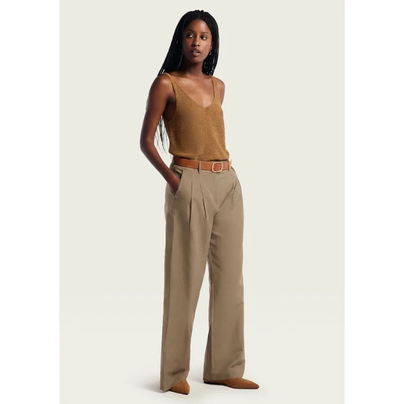 Calça Feminina Cintura Média Com Linho - Bege 044