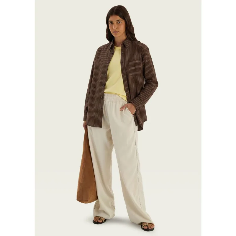 Camisa Feminina Manga Longa Listrada - Marrom M