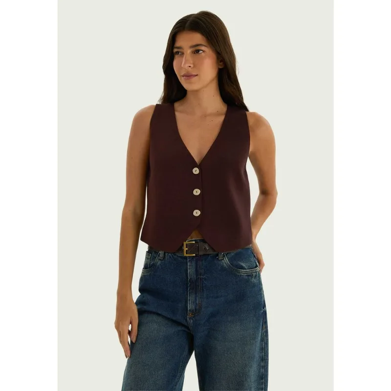Colete Feminino Decote V Em Tricô - Marrom XG