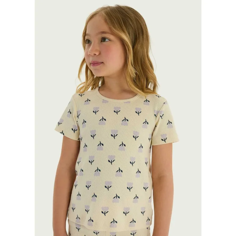 Blusa Infantil Menina Manga Curta Em Ribana Estampada - Creme 016