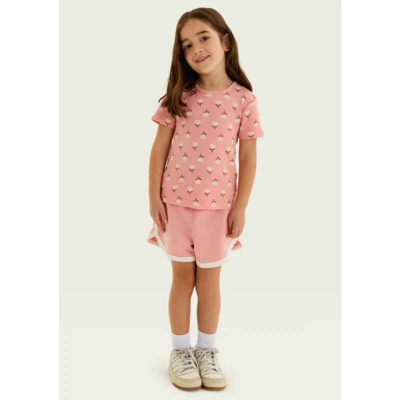Blusa Infantil Menina Manga Curta Em Ribana Estampada - Rosa 010