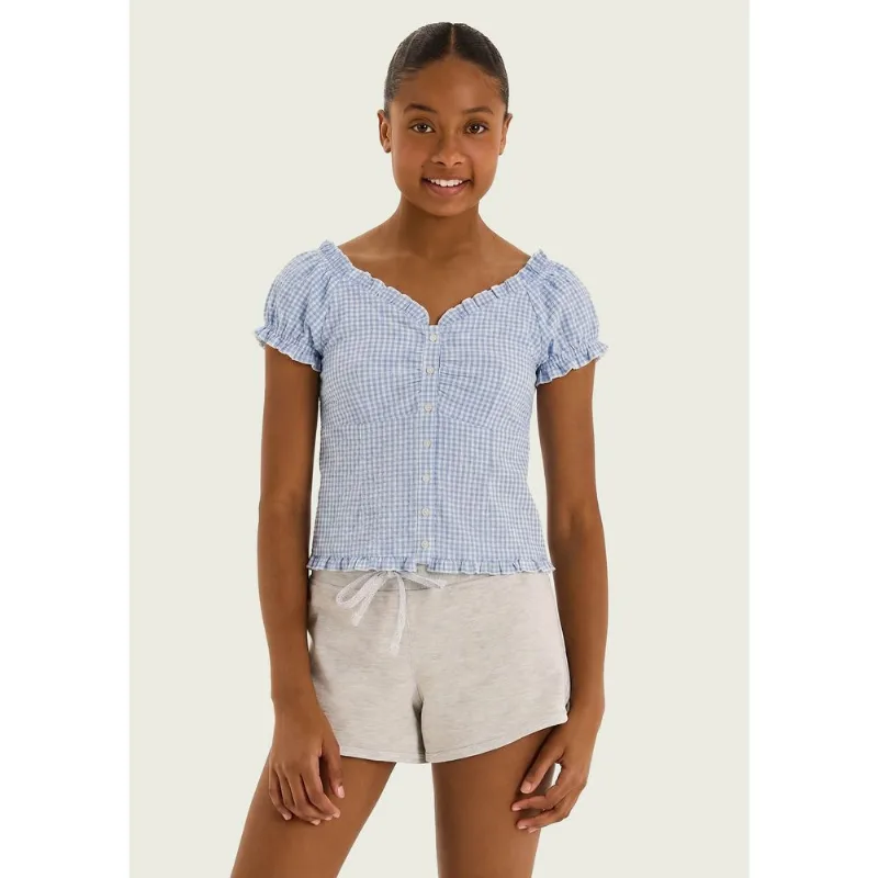 Blusa Teen Ombro A Ombro Em Anarruga Xadrez - Azul M