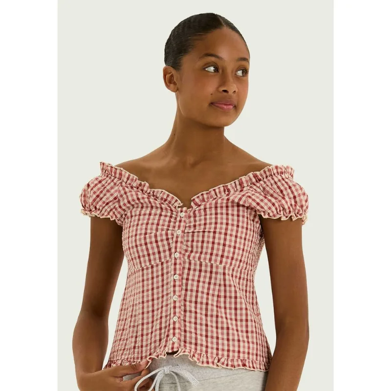 Blusa Teen Ombro A Ombro Em Anarruga Xadrez - Vermelho P