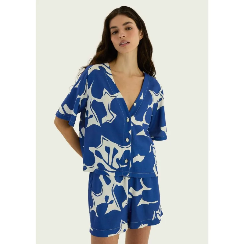 Blusa Feminina Manga Curta Estampada - Azul P