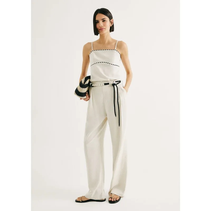 Calça Feminina Reta Em Viscolinho Com Cinto - Off white 040