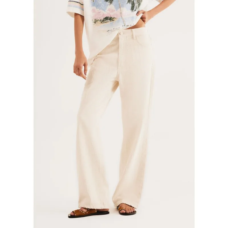 Calça Feminina Reta Cintura Média Em Sarja - Off white 046