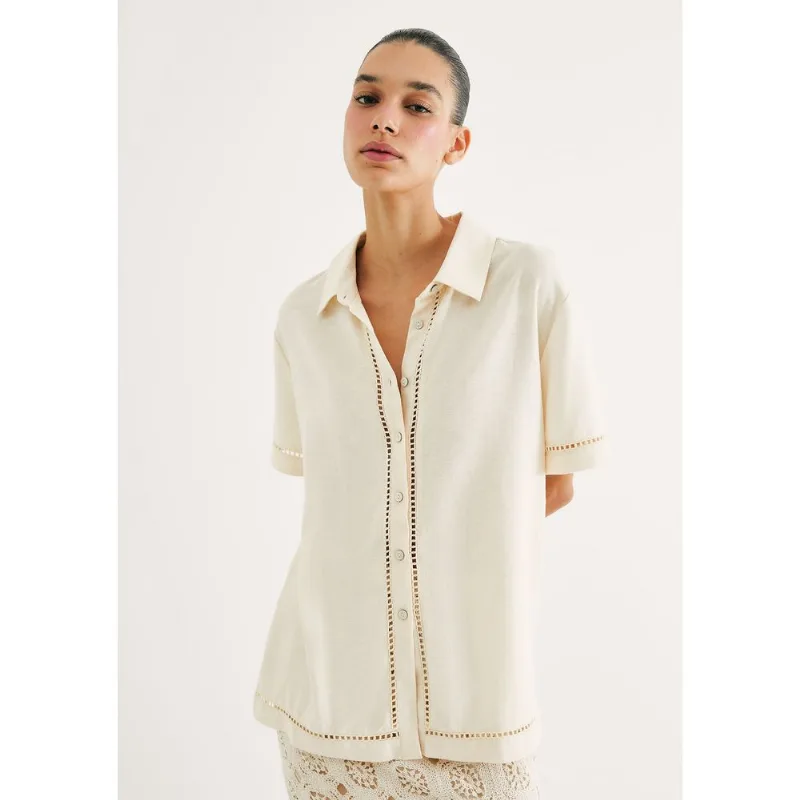 Camisa Feminina Regular Laise e Linho - Creme XP