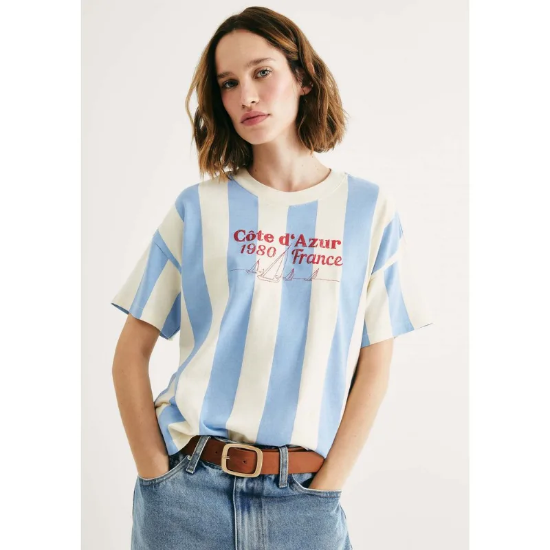Camiseta Feminina Listrada Em Malha de Algodão - Azul P