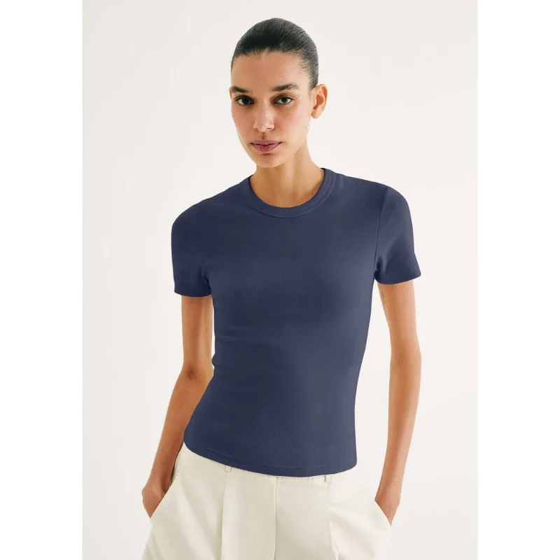 Blusa Feminina Manga Curta Slim Em Ribana - Azul G