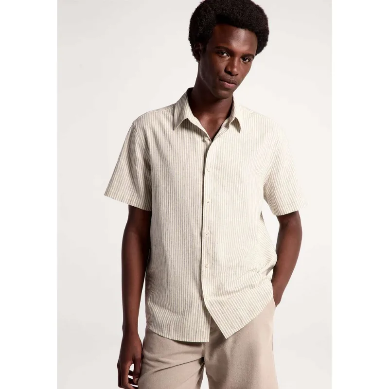 Camisa Masculina Manga Curta Fio Tinto Listrada Em Linho - Marrom XXG