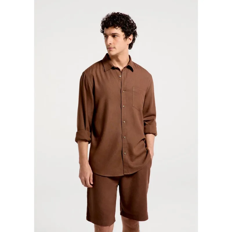 Camisa Básica Masculina Manga Longa Slim Em Linho - Marrom XXG