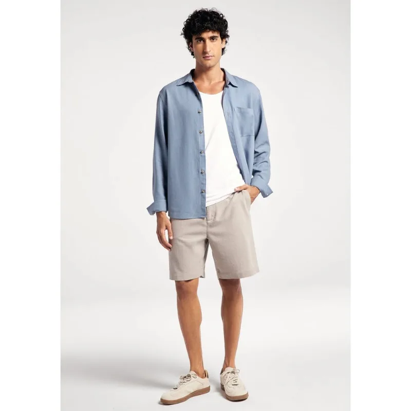 Camisa Básica Masculina Manga Longa Slim Em Linho - Azul XXG