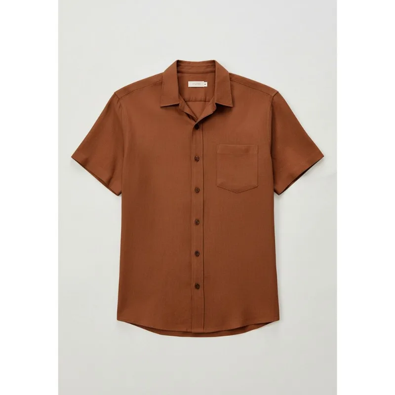 Camisa Básica Masculina Manga Curta Em Linho - Marrom G