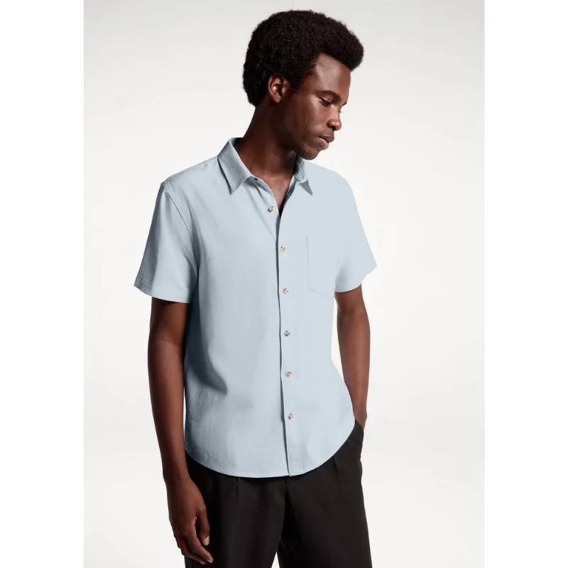 Camisa Básica Masculina Manga Curta Em Linho - Azul XG