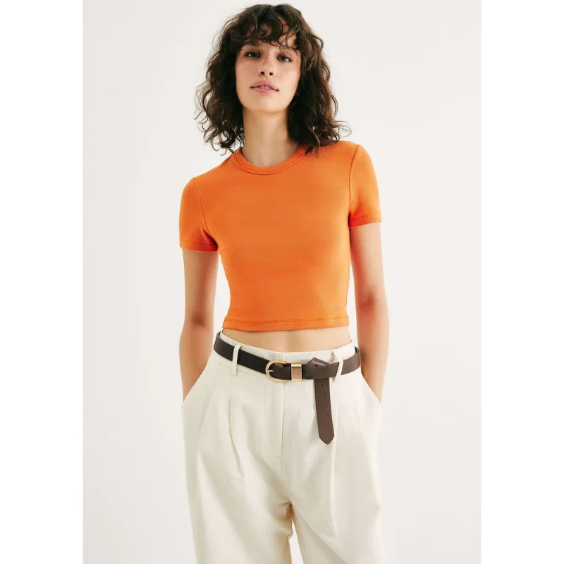 Blusa Básica Feminina Cropped Em Ribana Canelada - Laranja P