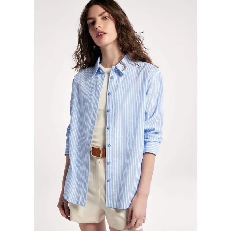 Camisa Feminina Manga Longa Em Tricoline Fio Tinto - Azul P