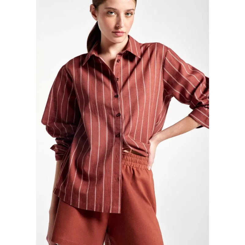 Camisa Feminina Manga Longa Em Tricoline Fio Tinto - Marrom XP
