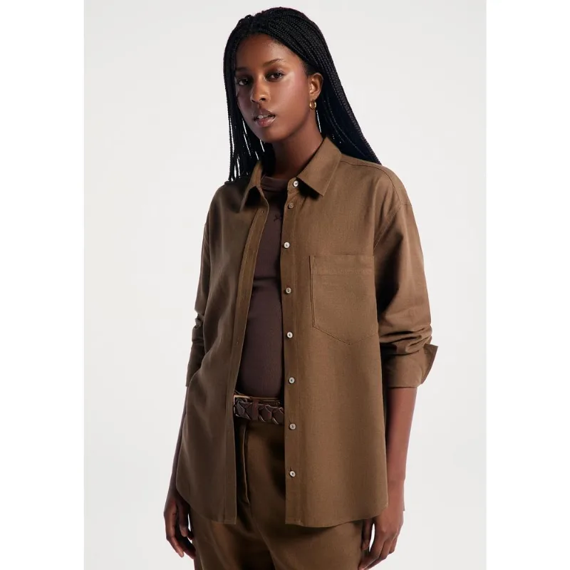Camisa Feminina Manga Longa Oversized - Marrom G
