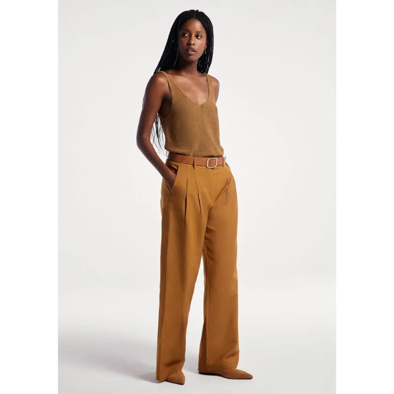 Calça Feminina Cintura Média Com Linho - Marrom 044
