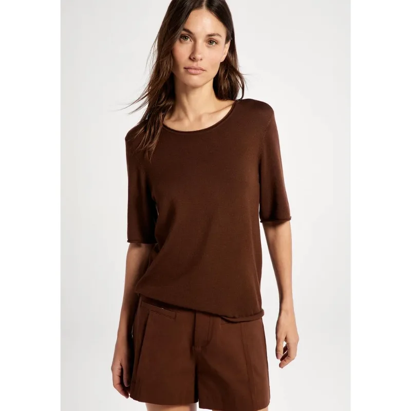 Blusa Feminina Manga Curta Em Tricô Leve - Marrom P