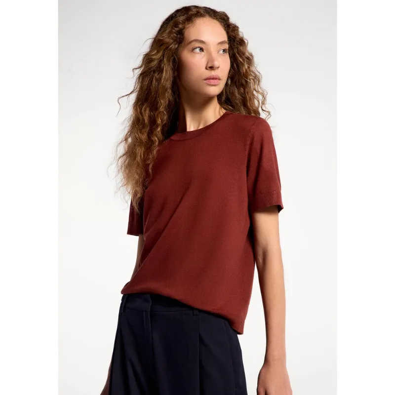 Blusa Feminina Manga Curta Em Tricô Leve - Terracota P