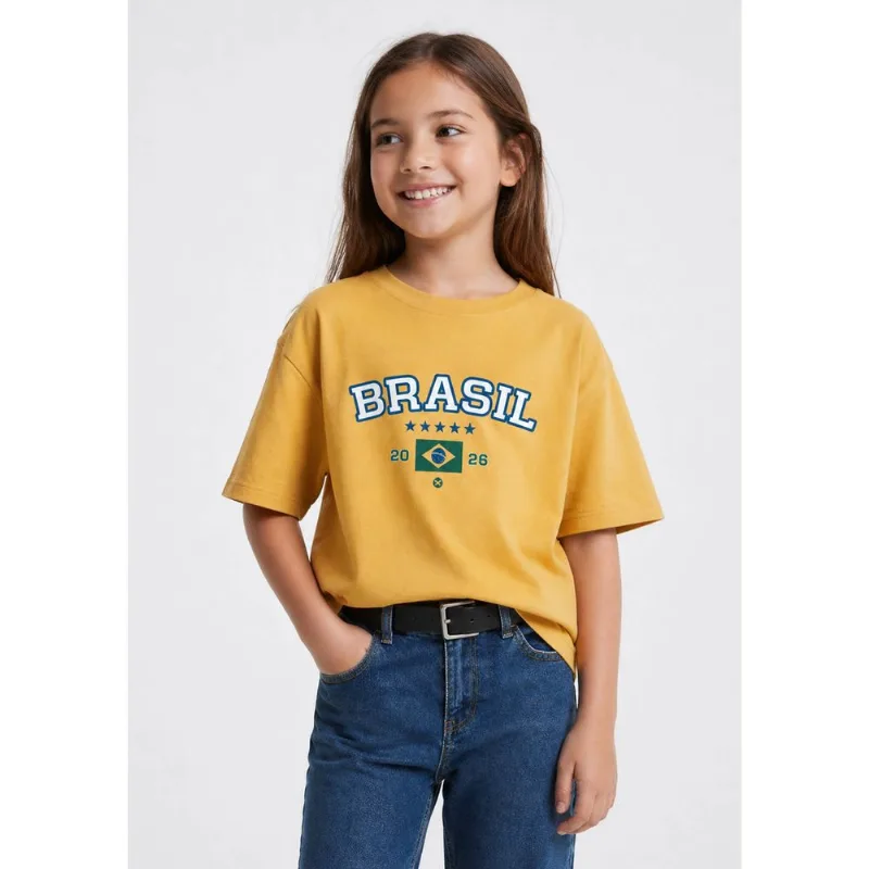 Camiseta Infantil Menina Torcida Com Bandeira - Amarelo 014