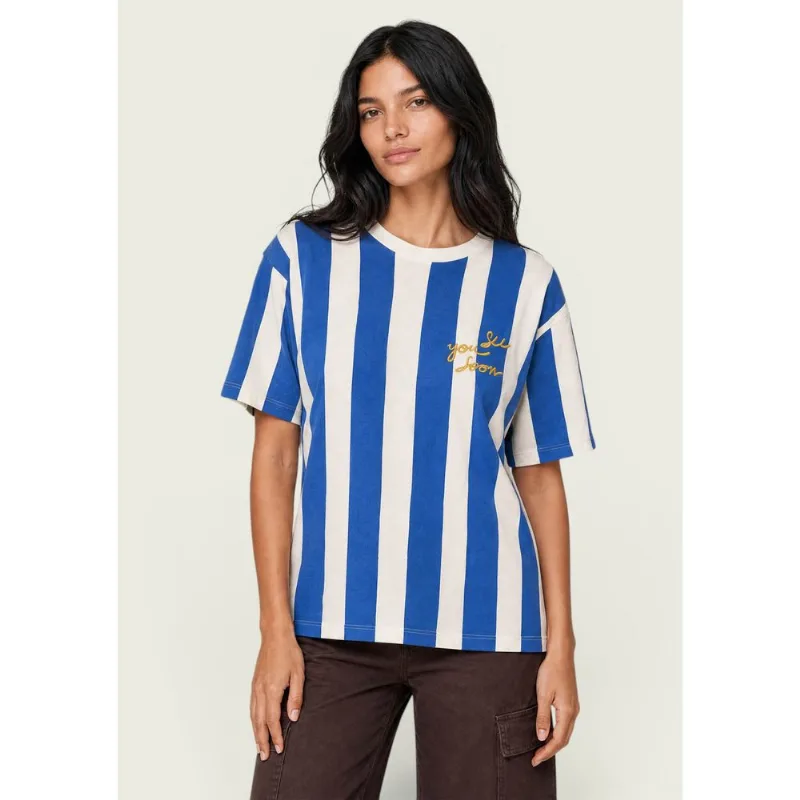 Camiseta Feminina Listrada Com Bordado - Azul G